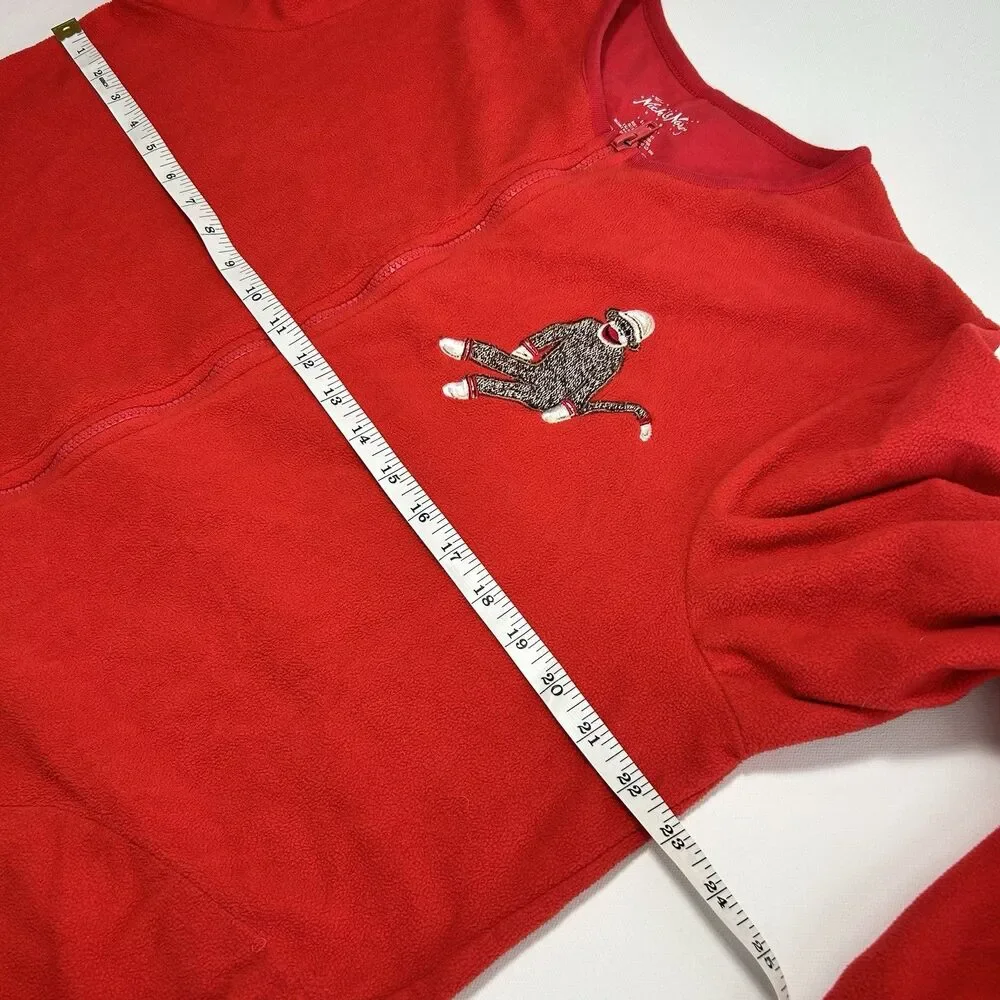 Sock Monkey Footie Fleece Adult Pajamas Pockets Zip Red Animal Sleepwear Large